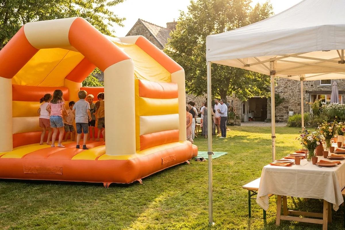 Illustration : château gonflable installé dans un jardin, enfants qui jouent dessus, barnum et table dressée à côté